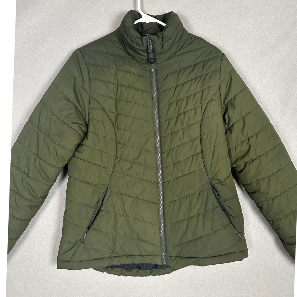 DSG Puffer Jacket Mens Medium Olive Green Quilted Full Zip Mock Neck Long Sleeve